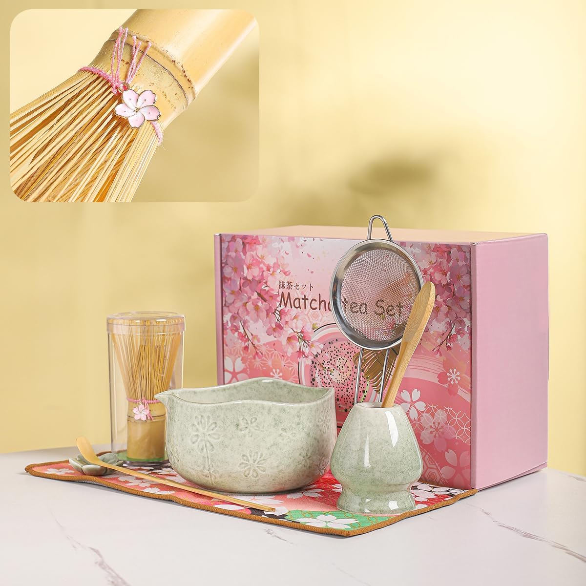 Handcrafted Matcha Bowl Set 8pc - Japanese Style Ceramic Chawan Tea Cups with Floral Art & Wavy Rim | Complete Matcha Tea Ceremony Kit in Premium Gift Box (green)