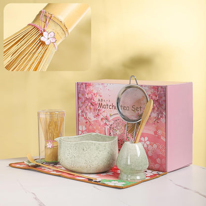 Handcrafted Matcha Bowl Set 8pc - Japanese Style Ceramic Chawan Tea Cups with Floral Art & Wavy Rim | Complete Matcha Tea Ceremony Kit in Premium Gift Box (green)