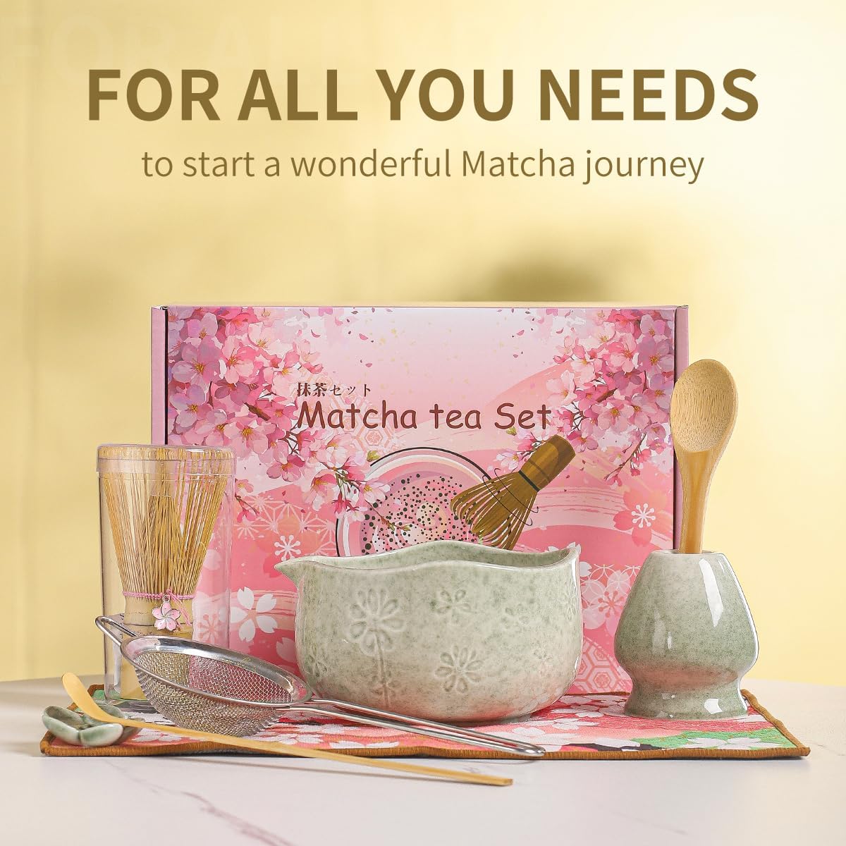 Handcrafted Matcha Bowl Set 8pc - Japanese Style Ceramic Chawan Tea Cups with Floral Art & Wavy Rim | Complete Matcha Tea Ceremony Kit in Premium Gift Box (green)