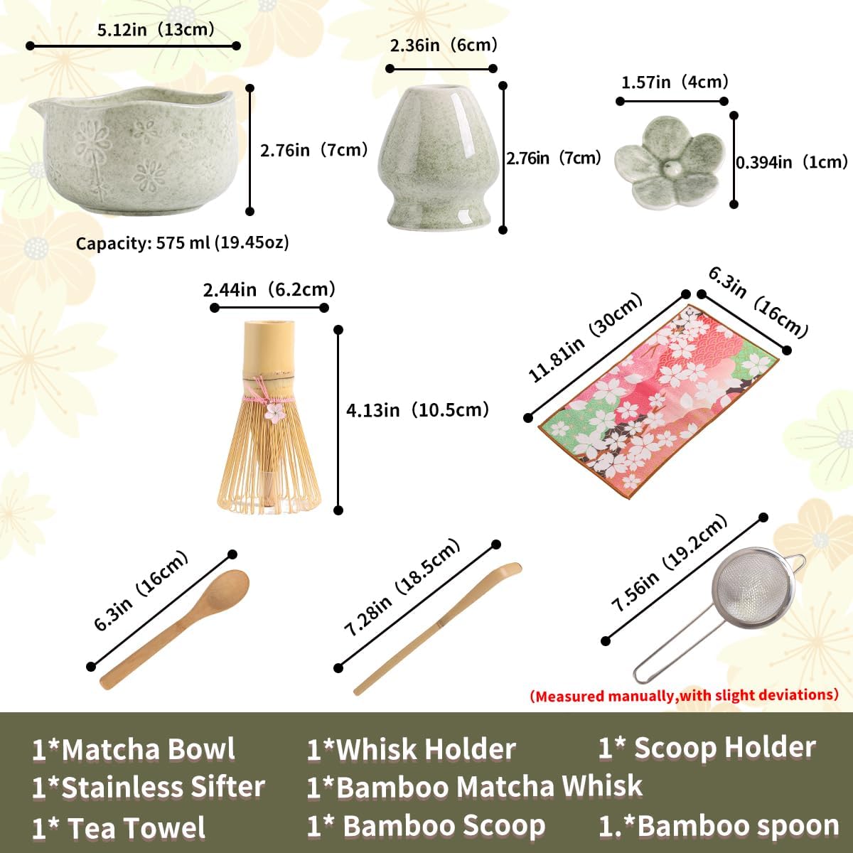 Handcrafted Matcha Bowl Set 8pc - Japanese Style Ceramic Chawan Tea Cups with Floral Art & Wavy Rim | Complete Matcha Tea Ceremony Kit in Premium Gift Box (green)