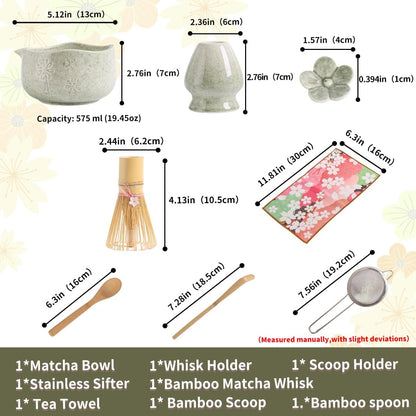 Handcrafted Matcha Bowl Set 8pc - Japanese Style Ceramic Chawan Tea Cups with Floral Art & Wavy Rim | Complete Matcha Tea Ceremony Kit in Premium Gift Box (green)