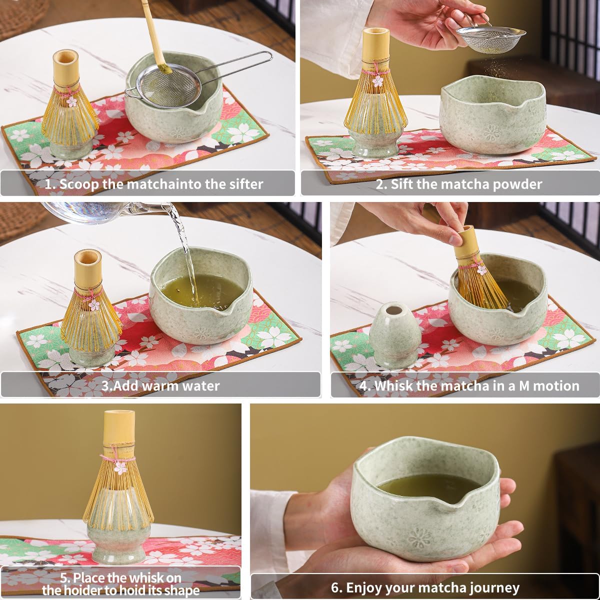 Handcrafted Matcha Bowl Set 8pc - Japanese Style Ceramic Chawan Tea Cups with Floral Art & Wavy Rim | Complete Matcha Tea Ceremony Kit in Premium Gift Box (green)