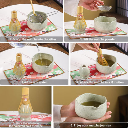 Handcrafted Matcha Bowl Set 8pc - Japanese Style Ceramic Chawan Tea Cups with Floral Art & Wavy Rim | Complete Matcha Tea Ceremony Kit in Premium Gift Box (green)