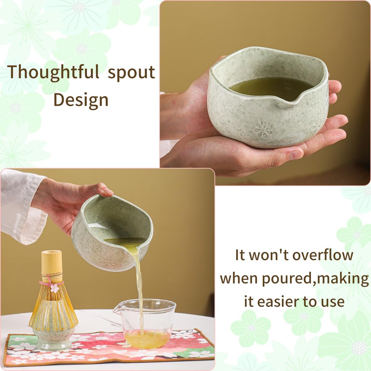 Handcrafted Matcha Bowl Set 8pc - Japanese Style Ceramic Chawan Tea Cups with Floral Art & Wavy Rim | Complete Matcha Tea Ceremony Kit in Premium Gift Box (green)