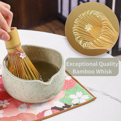 Handcrafted Matcha Bowl Set 8pc - Japanese Style Ceramic Chawan Tea Cups with Floral Art & Wavy Rim | Complete Matcha Tea Ceremony Kit in Premium Gift Box (green)