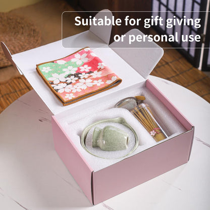 Handcrafted Matcha Bowl Set 8pc - Japanese Style Ceramic Chawan Tea Cups with Floral Art & Wavy Rim | Complete Matcha Tea Ceremony Kit in Premium Gift Box (green)