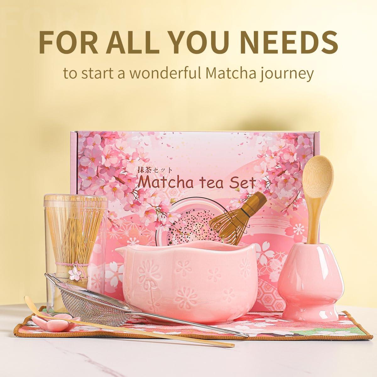 Handcrafted Matcha Bowl Set 8pc - Japanese Style Ceramic Chawan Tea Cups with Floral Art & Wavy Rim | Complete Matcha Tea Ceremony Kit in Premium Gift Box (green)