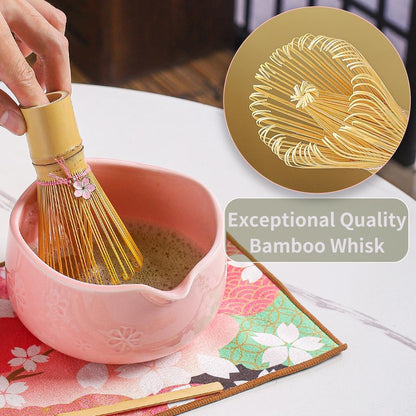 Handcrafted Matcha Bowl Set 8pc - Japanese Style Ceramic Chawan Tea Cups with Floral Art & Wavy Rim | Complete Matcha Tea Ceremony Kit in Premium Gift Box (green)