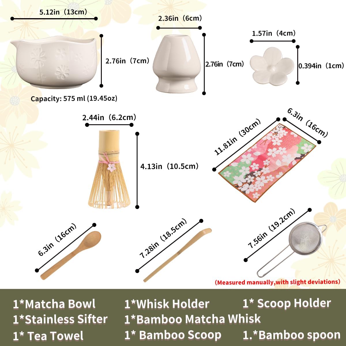 Handcrafted Matcha Bowl Set 8pc - Japanese Style Ceramic Chawan Tea Cups with Floral Art & Wavy Rim | Complete Matcha Tea Ceremony Kit in Premium Gift Box (green)