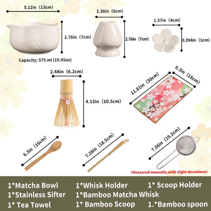Handcrafted Matcha Bowl Set 8pc - Japanese Style Ceramic Chawan Tea Cups with Floral Art & Wavy Rim | Complete Matcha Tea Ceremony Kit in Premium Gift Box (green)