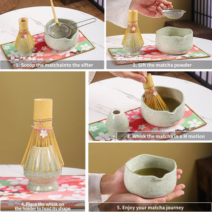 Handcrafted Matcha Bowl Set 8pc - Japanese Style Ceramic Chawan Tea Cups with Floral Art & Wavy Rim | Complete Matcha Tea Ceremony Kit in Premium Gift Box (green)
