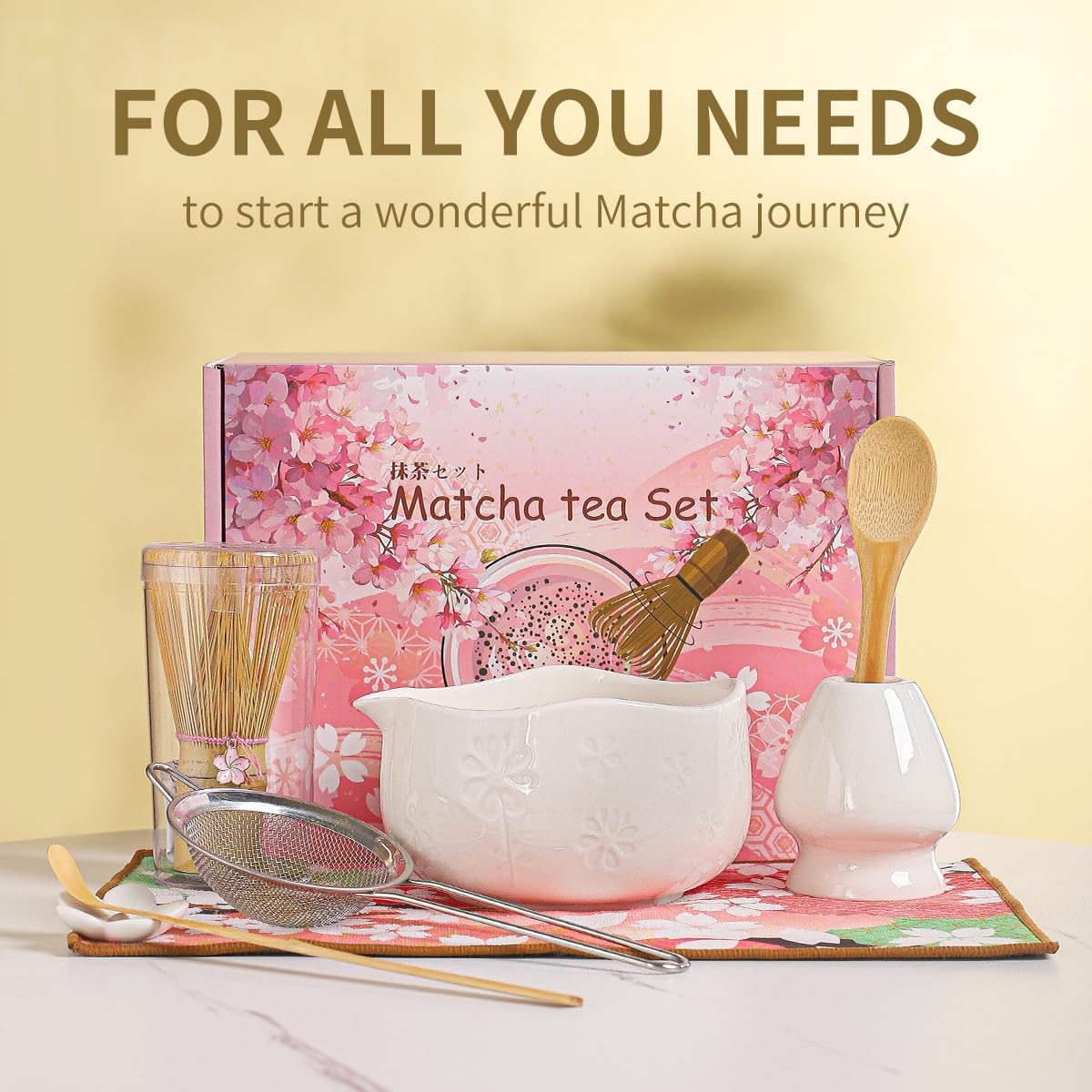 Handcrafted Matcha Bowl Set 8pc - Japanese Style Ceramic Chawan Tea Cups with Floral Art & Wavy Rim | Complete Matcha Tea Ceremony Kit in Premium Gift Box (green)