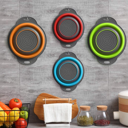 Collapsible Colander and Strainer Set of 4, 2 PC 4 Quart(1 gal) and 2 PC 2 Quart(0.5 gal), Food-grade Sturdy Plastic Base - Round Space-save Silicone Kitchen Foldable Strainer for Pasta, Veggies