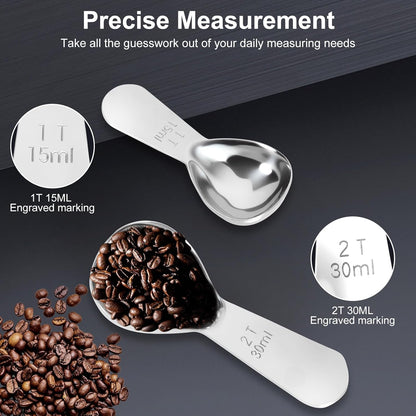 2Pcs Coffee Scoops, Premium 18/8 Stainless Steel Coffee Spoons, Set of 2 Short Handled (1 Tablespoon & 2 Tablespoon) Coffee Measuring Spoon for Ground Coffee, Tea and Powder