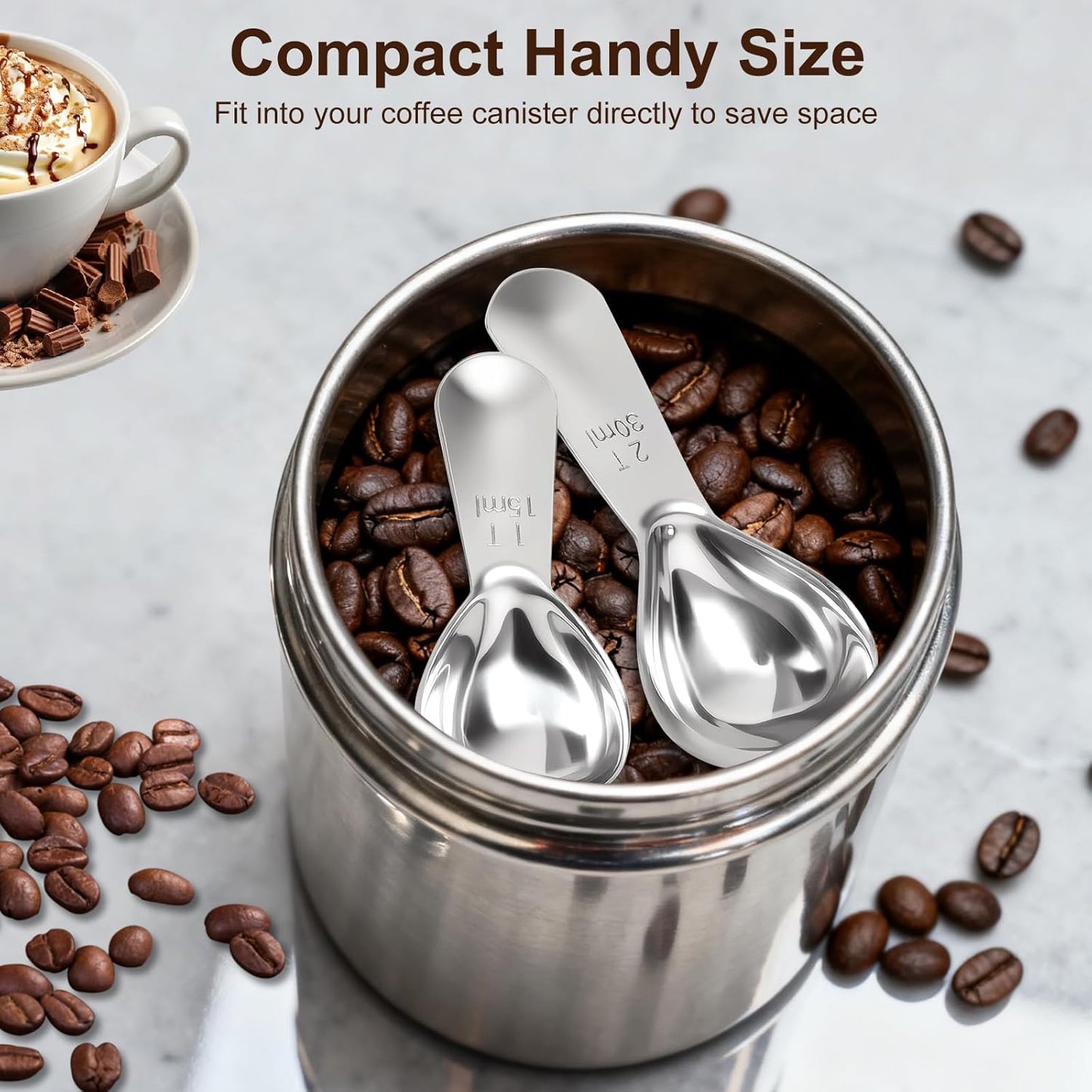 2Pcs Coffee Scoops, Premium 18/8 Stainless Steel Coffee Spoons, Set of 2 Short Handled (1 Tablespoon & 2 Tablespoon) Coffee Measuring Spoon for Ground Coffee, Tea and Powder