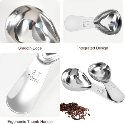 2Pcs Coffee Scoops, Premium 18/8 Stainless Steel Coffee Spoons, Set of 2 Short Handled (1 Tablespoon & 2 Tablespoon) Coffee Measuring Spoon for Ground Coffee, Tea and Powder
