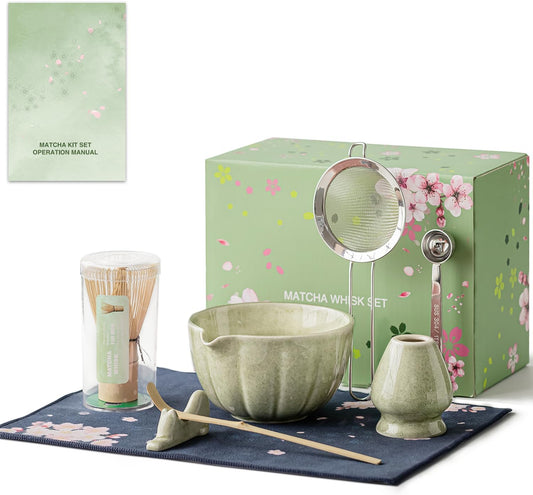 8 Pcs Matcha Whisk Set - Matcha Set with Ceramic Bowl, Bamboo Whisk & Holder, Scoop, Sifter, Measuring Spoon, Scoop Rest & Tea Towel, Complete Gift Kit for Beginners & Tea Lovers