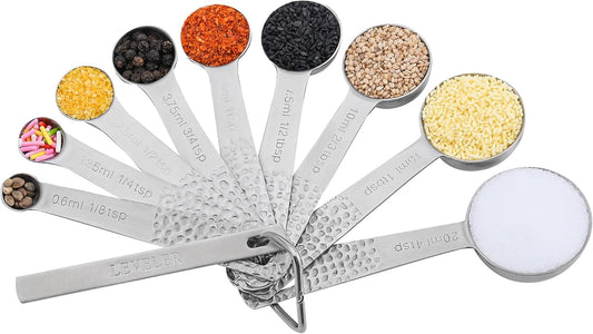 Measuring Spoons Set, 18/8 Stainless Steel Measuring Spoon Set 9 & Leveler, Metal Measuring Spoons for Baking, Kitchen Gadgets Measure Spoons, Measurement Spoons 1/8, 3/4, 4 tsp & 2/3 tbsp
