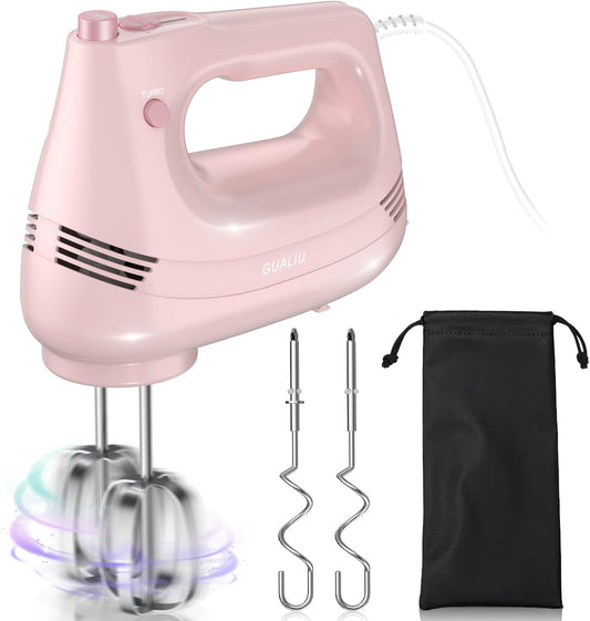 Electric Hand Mixer, 304*(2* Beaters, 2* Dough Hooks), (1* Storage Bag) Handheld Mixer for Baking Cakes, Eggs, Cream Food Mixers, Turbo Boost /5 Speed Kitchen Blender PINK