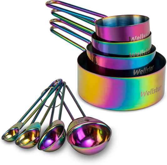 Measuring Cups and Spoons Set of 8, Food Grade 18/8 Stainless Steel Measure set for Dry Liquid Measurement, Rainbow Titanium Coated Kitchen Gadgets for Cooking Baking, 4 Cup and 4 Spoon