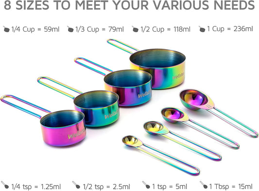 Measuring Cups and Spoons Set of 8, Food Grade 18/8 Stainless Steel Measure set for Dry Liquid Measurement, Rainbow Titanium Coated Kitchen Gadgets for Cooking Baking, 4 Cup and 4 Spoon