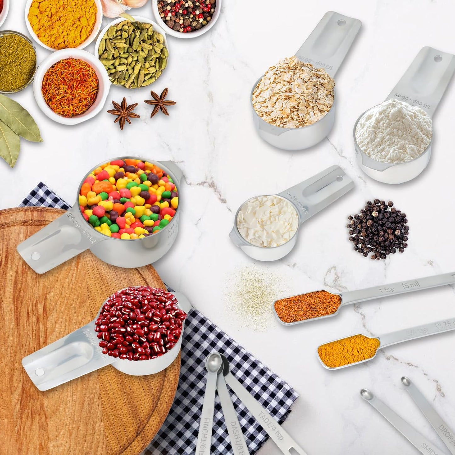 21 Pieces Measuring Cups and Spoons Set - Includes 7 Stainless Steel Measuring Cups, 8 Rectangular & 5 Mini Measuring Spoons with Leveler Fits Spice Jars, Ideal for Dry and Liquid Ingredients