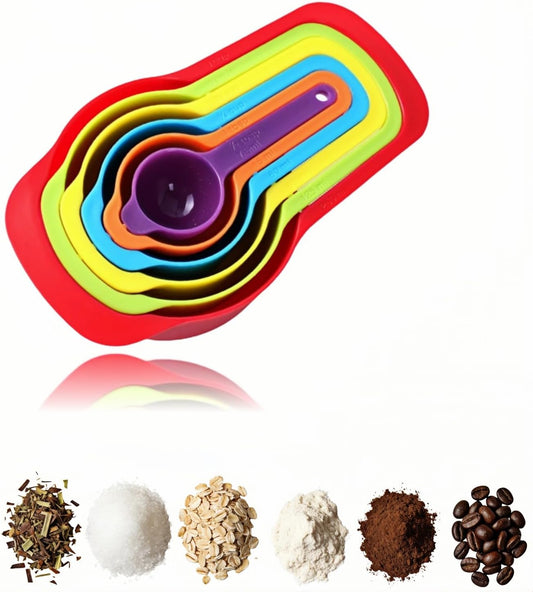 Rainbow Measuring Spoon and Cup Set, 6 Piece, Multicolor, BPA-Free Plastic, Dual Scale CUP/ML, Nesting Stackable Design for Baking and Cooking