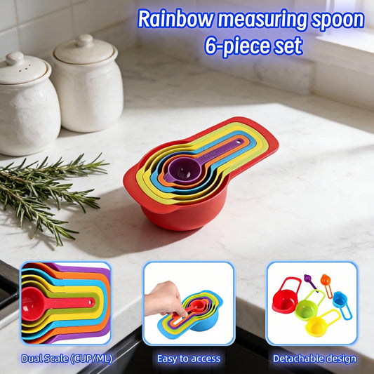 Rainbow Measuring Spoon and Cup Set, 6 Piece, Multicolor, BPA-Free Plastic, Dual Scale CUP/ML, Nesting Stackable Design for Baking and Cooking