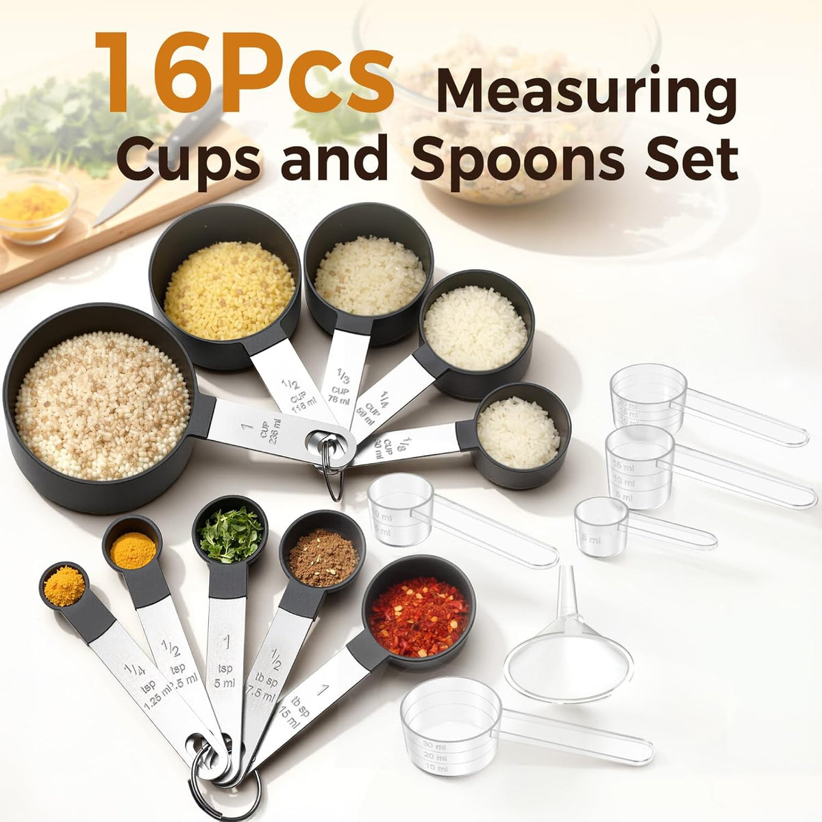 16PCS Measuring Cups and Spoons Set, Measuring Spoon Set with Metric and US Measurements, Fits for Measuring Dry and Liquid - Black