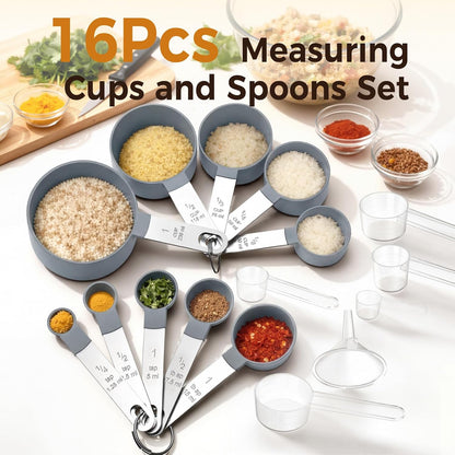 16PCS Measuring Cups and Spoons Set, Measuring Spoon Set with Metric and US Measurements, Fits for Measuring Dry and Liquid - Black