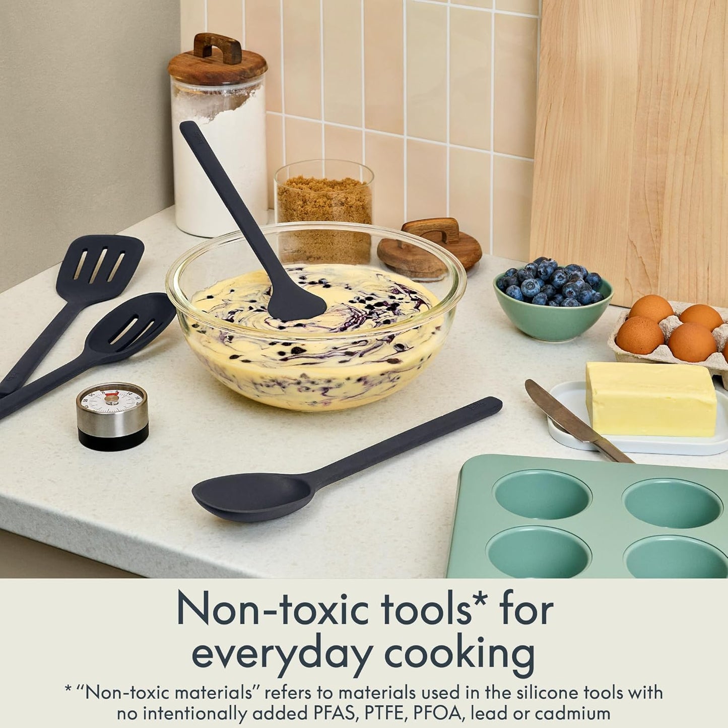 5-Piece Kitchen Tool Set with Magnetic Rack, Silicone, Turner, Spoon, Slotted Spoon, Spatula, Utensil Holder, Magnetic Holder, Non-toxic*, Food-grade, Heat safe to 425°F, Dishwasher Safe, Slate