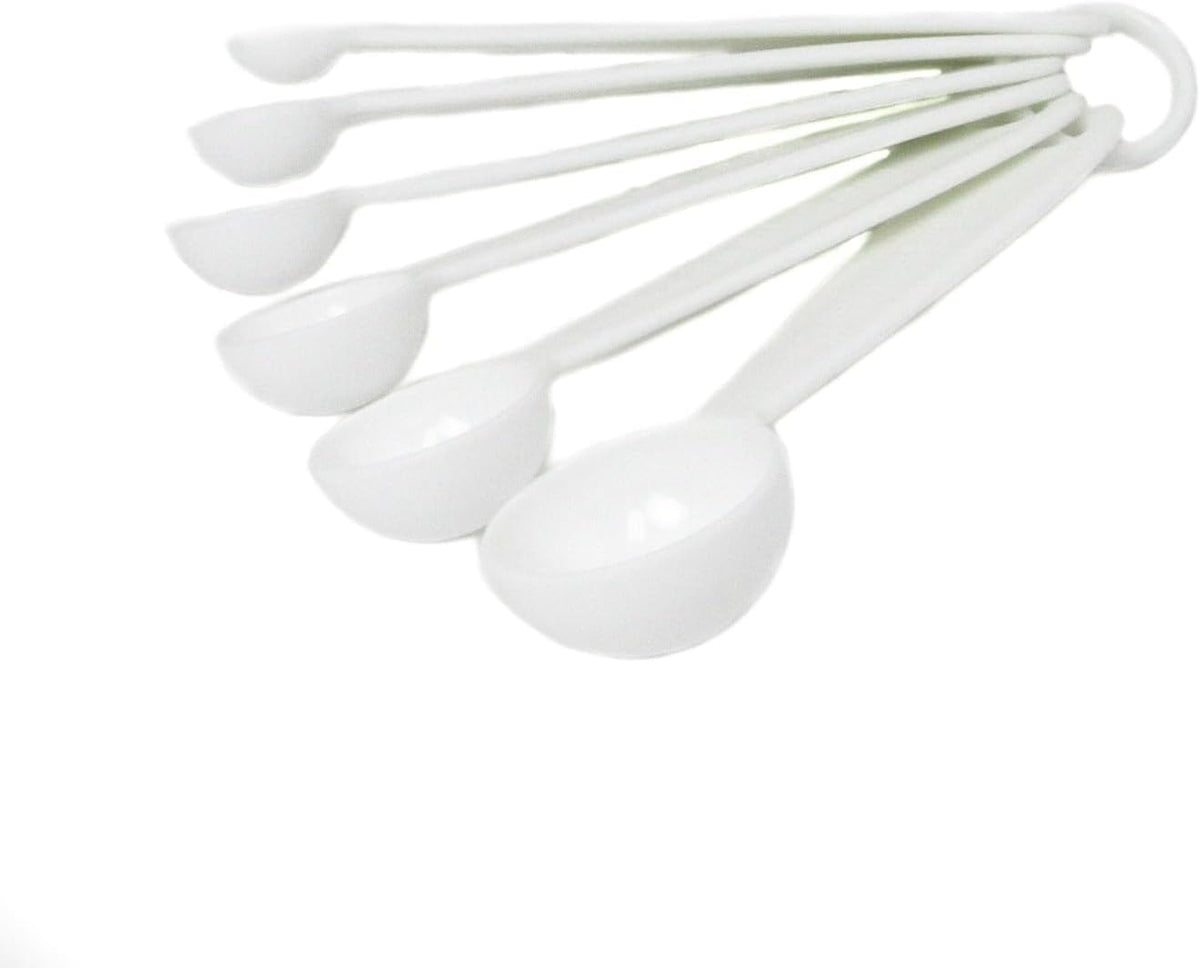 Measuring Spoon Set - 6-Piece White Set - 1/8 tsp to 1 tbsp - Durable Plastic with Raised Measurements - Metric, Standard Markings - Dishwasher Safe - Wet and Dry Ingredients