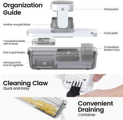 8-in-1 Vertical Vegetable Chopper Mandoline Slicer with Container White - Safe Tap Out Dicer with Hand Guard for Kitchen Easy Food Prep, Onion Potato Veggie Fruit