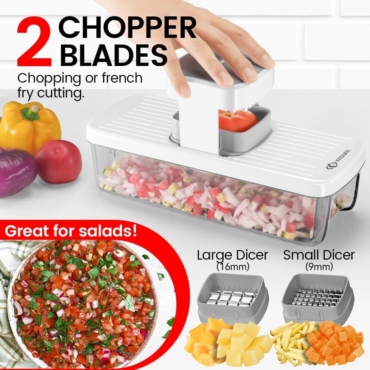 8-in-1 Vertical Vegetable Chopper Mandoline Slicer with Container White - Safe Tap Out Dicer with Hand Guard for Kitchen Easy Food Prep, Onion Potato Veggie Fruit