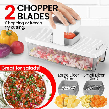 8-in-1 Vertical Vegetable Chopper Mandoline Slicer with Container White - Safe Tap Out Dicer with Hand Guard for Kitchen Easy Food Prep, Onion Potato Veggie Fruit