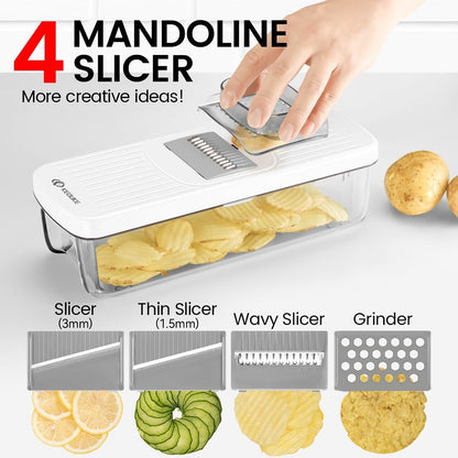 8-in-1 Vertical Vegetable Chopper Mandoline Slicer with Container White - Safe Tap Out Dicer with Hand Guard for Kitchen Easy Food Prep, Onion Potato Veggie Fruit