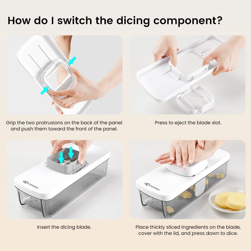 8-in-1 Vertical Vegetable Chopper Mandoline Slicer with Container White - Safe Tap Out Dicer with Hand Guard for Kitchen Easy Food Prep, Onion Potato Veggie Fruit