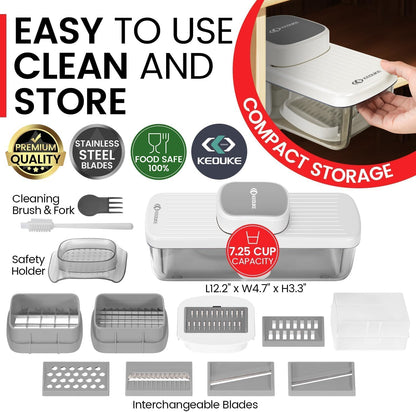 8-in-1 Vertical Vegetable Chopper Mandoline Slicer with Container White - Safe Tap Out Dicer with Hand Guard for Kitchen Easy Food Prep, Onion Potato Veggie Fruit