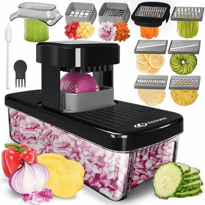 8-in-1 Vertical Vegetable Chopper Mandoline Slicer with Container White - Safe Tap Out Dicer with Hand Guard for Kitchen Easy Food Prep, Onion Potato Veggie Fruit