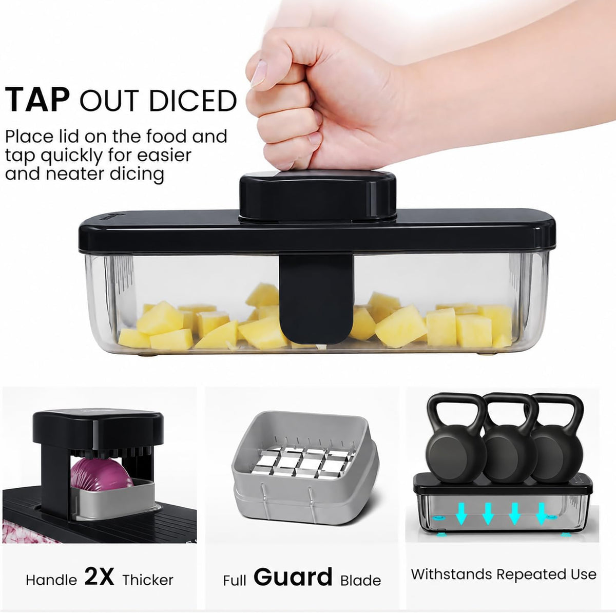 8-in-1 Vertical Vegetable Chopper Mandoline Slicer with Container White - Safe Tap Out Dicer with Hand Guard for Kitchen Easy Food Prep, Onion Potato Veggie Fruit