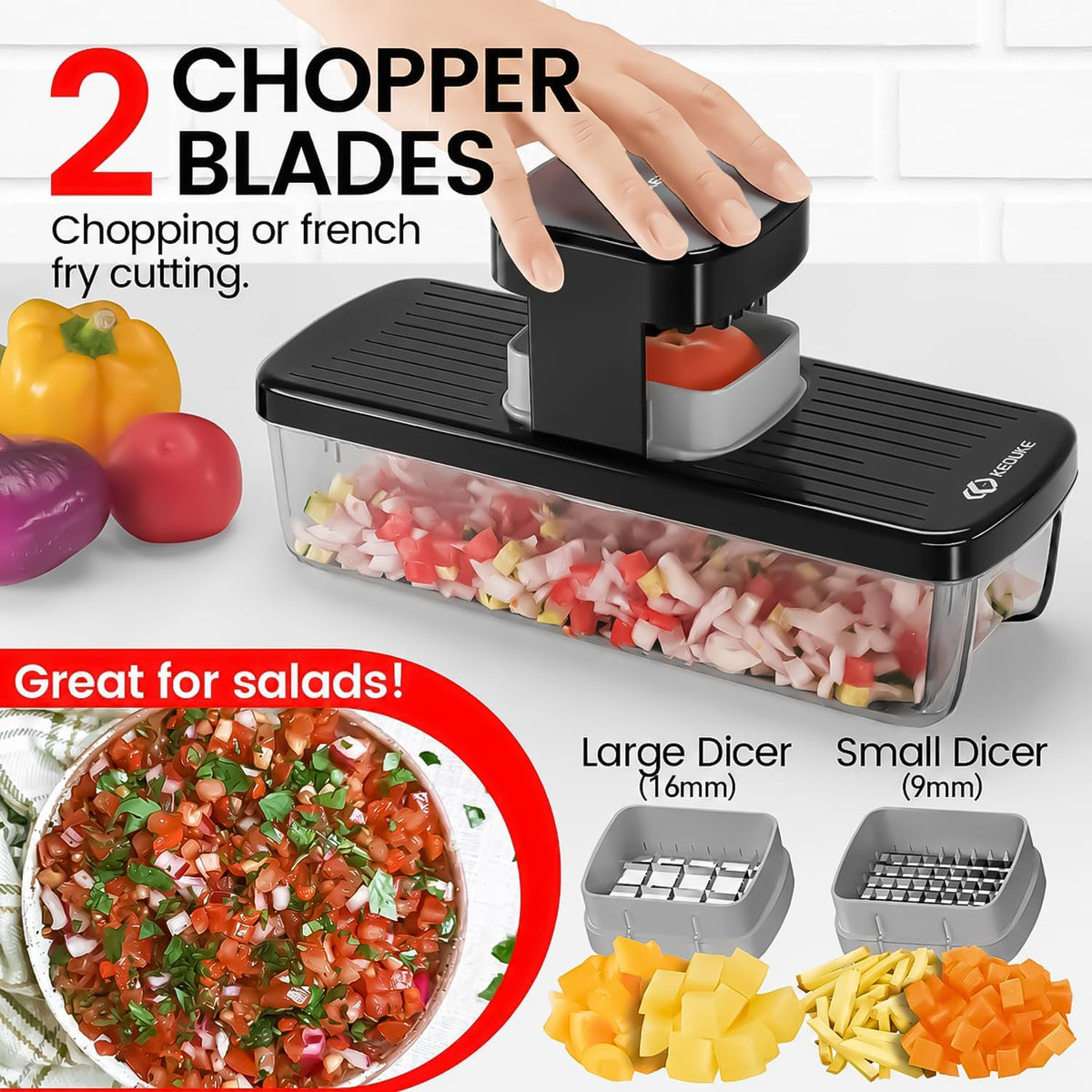 8-in-1 Vertical Vegetable Chopper Mandoline Slicer with Container White - Safe Tap Out Dicer with Hand Guard for Kitchen Easy Food Prep, Onion Potato Veggie Fruit