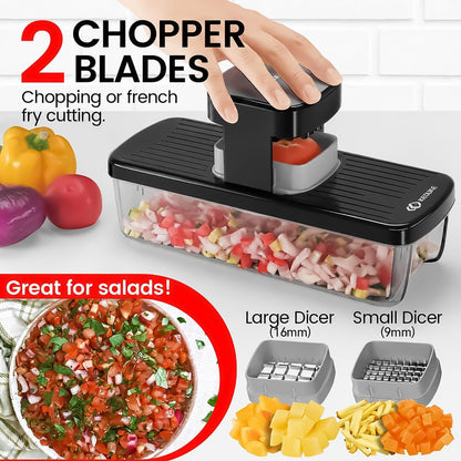 8-in-1 Vertical Vegetable Chopper Mandoline Slicer with Container White - Safe Tap Out Dicer with Hand Guard for Kitchen Easy Food Prep, Onion Potato Veggie Fruit