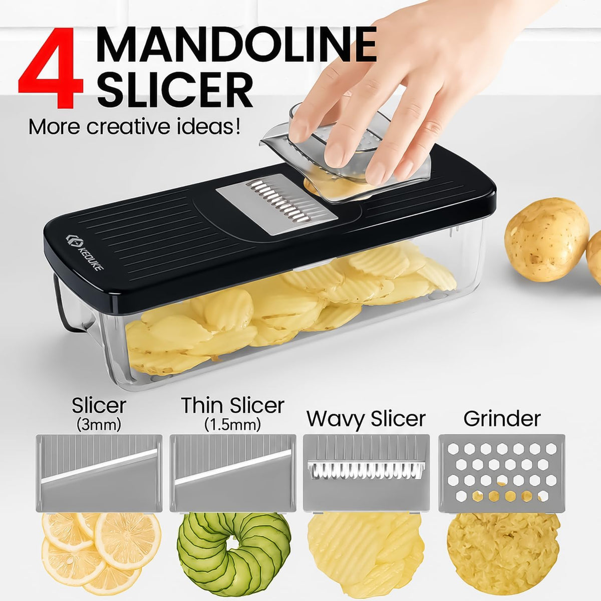 8-in-1 Vertical Vegetable Chopper Mandoline Slicer with Container White - Safe Tap Out Dicer with Hand Guard for Kitchen Easy Food Prep, Onion Potato Veggie Fruit