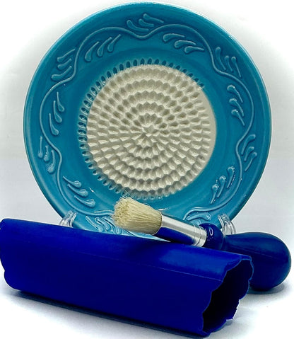 Premium Ceramic Garlic Grater Plate Set - Sky Blue Floral Edge | Includes 5" Plate, Peeler, Brush, and Stand - For Strawberries, Ginger, Chocolate, Cheese, and more - Make your own puree!