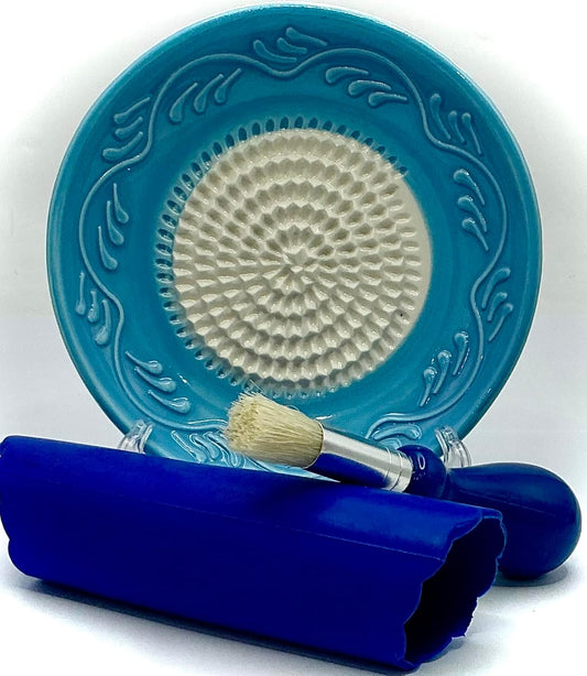 Premium Ceramic Garlic Grater Plate Set - Sky Blue Floral Edge | Includes 5" Plate, Peeler, Brush, and Stand - For Strawberries, Ginger, Chocolate, Cheese, and more - Make your own puree!