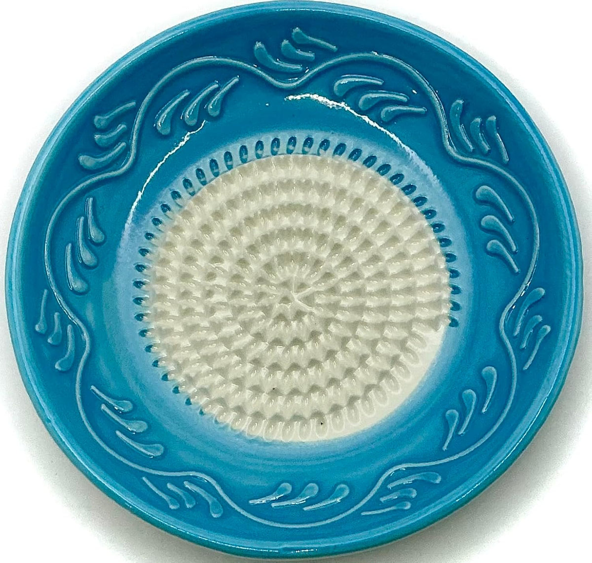 Premium Ceramic Garlic Grater Plate Set - Sky Blue Floral Edge | Includes 5" Plate, Peeler, Brush, and Stand - For Strawberries, Ginger, Chocolate, Cheese, and more - Make your own puree!
