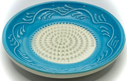 Premium Ceramic Garlic Grater Plate Set - Sky Blue Floral Edge | Includes 5" Plate, Peeler, Brush, and Stand - For Strawberries, Ginger, Chocolate, Cheese, and more - Make your own puree!