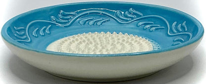 Premium Ceramic Garlic Grater Plate Set - Sky Blue Floral Edge | Includes 5" Plate, Peeler, Brush, and Stand - For Strawberries, Ginger, Chocolate, Cheese, and more - Make your own puree!