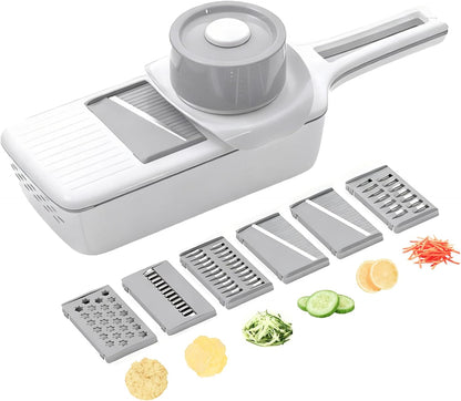 ZKIRON Mandoline Slicer for Kitchen with Drain Box, 6-in-1 Handheld Vegetable Slicer with Safety Hand Guard, Potato Slicer Cucumber Julienne Shredder Grater, Compact Salad Prep (Gray)