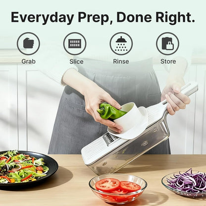 ZKIRON Mandoline Slicer for Kitchen with Drain Box, 6-in-1 Handheld Vegetable Slicer with Safety Hand Guard, Potato Slicer Cucumber Julienne Shredder Grater, Compact Salad Prep (Gray)